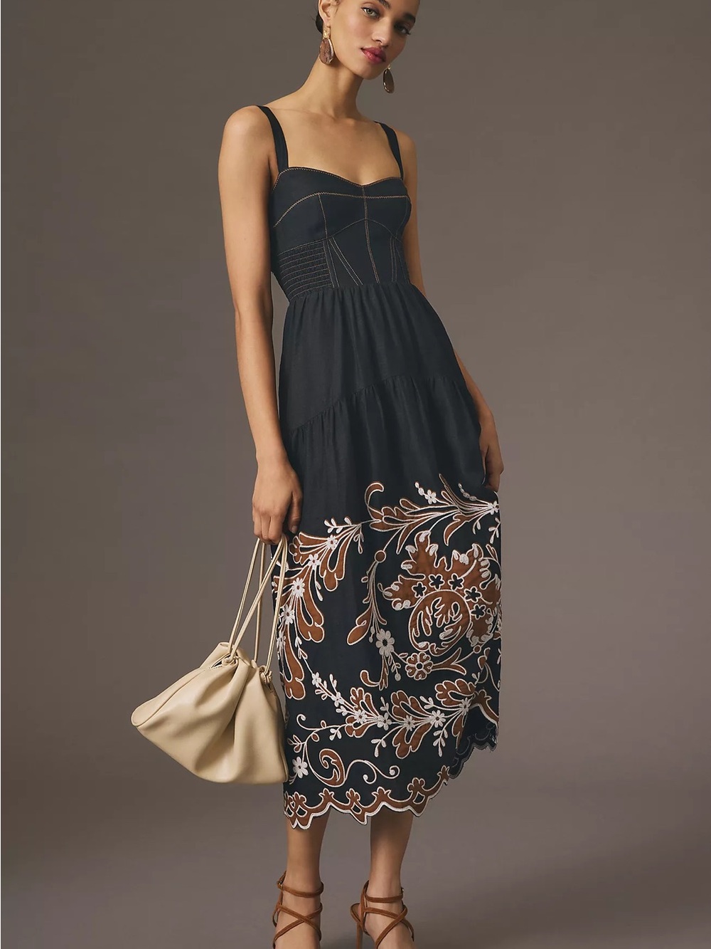 By Anthropologie Appliqué Midi Dress in Black Multi